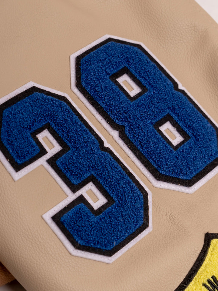 close up of a blue 38 patch