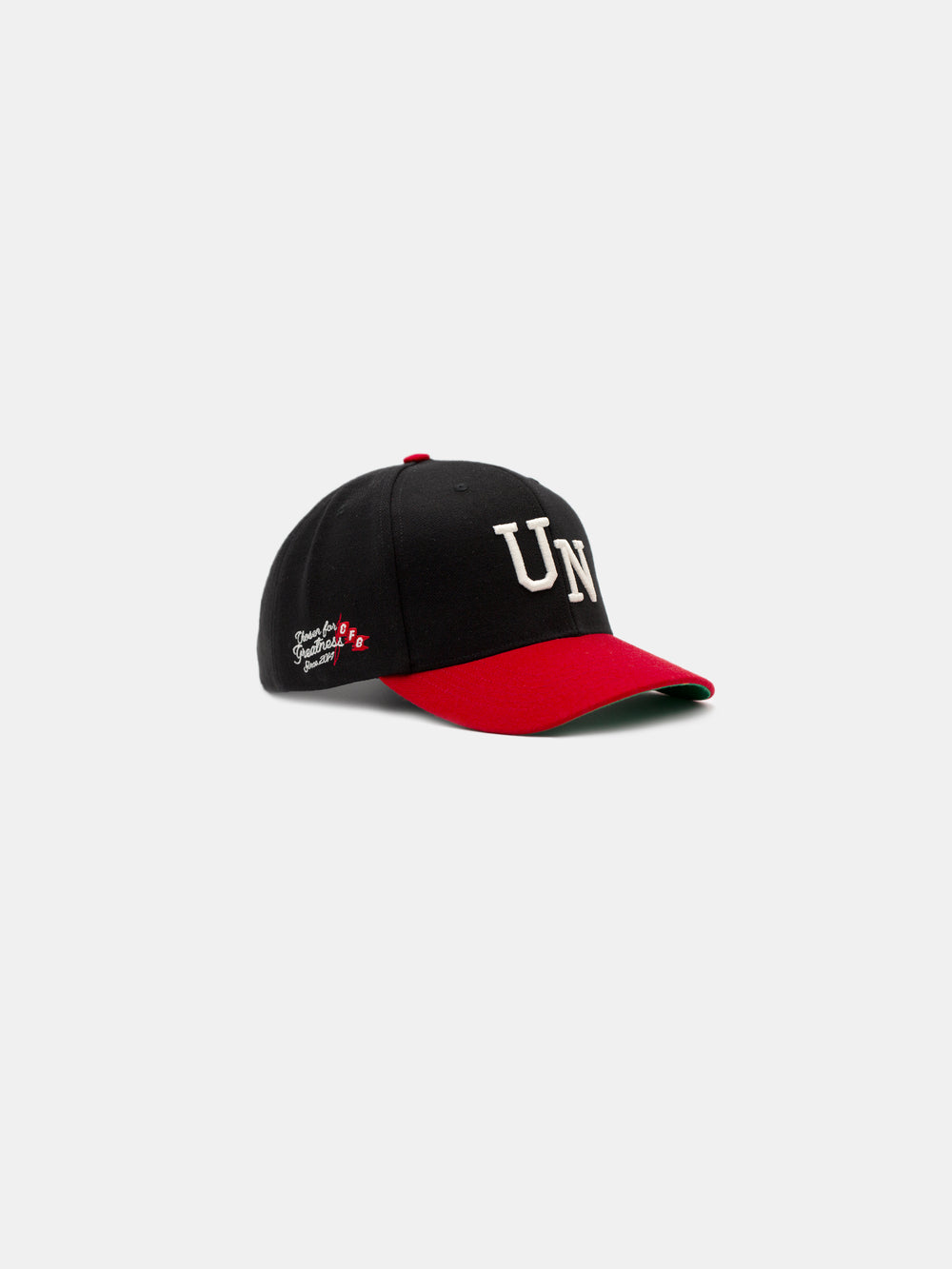 side of un chosen snapback hat in black and red