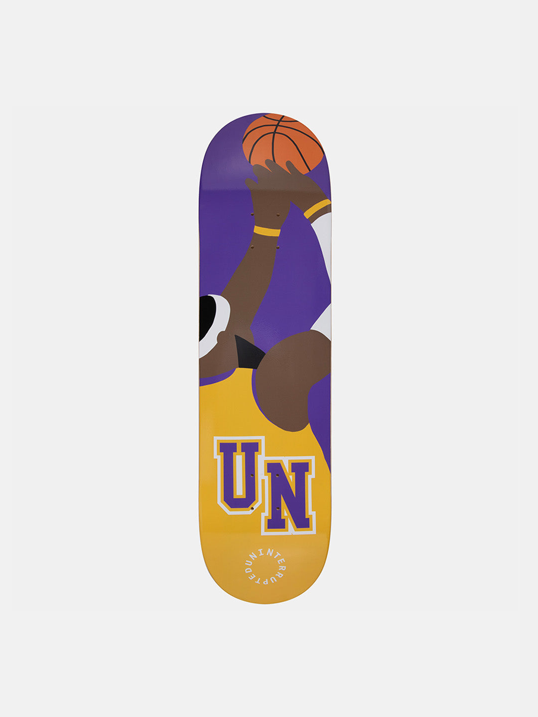King James Shooting Record Skateboard Deck purple and yellow graphic design of lebron james shooting a basketball
