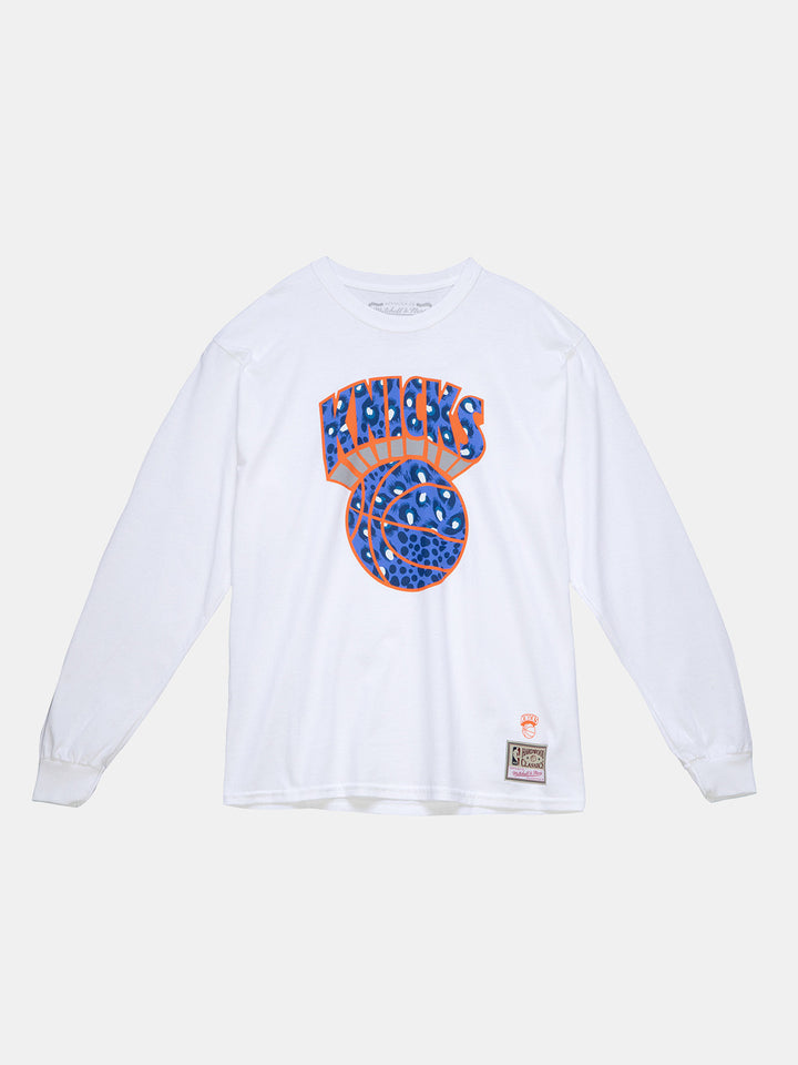 UNINTERRUPTED X Mitchell & Ness Legends Long-Sleeve Tee Knicks - front of shirt with purple graphic