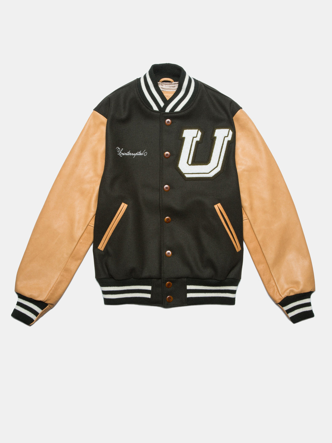 UNINTERRUPTED ALL STAR VARSITY JACKET LODEN GREEN (4458685071440) - front of green and beige jacket