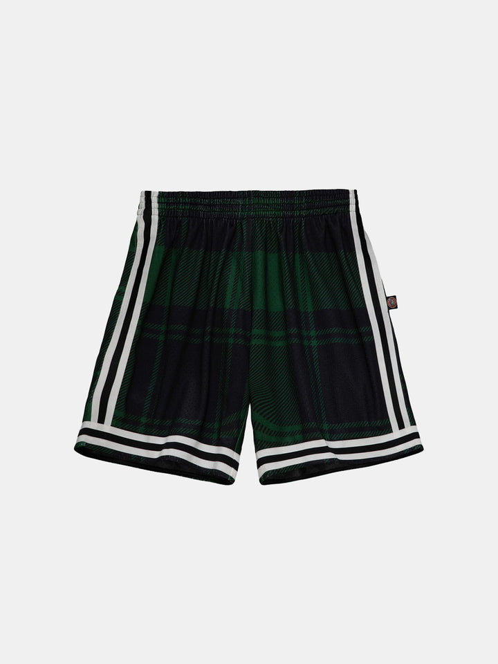 UNINTERRUPTED X Mitchell & Ness Legends Shorts Celtics - front view of the plaid green and black shorts