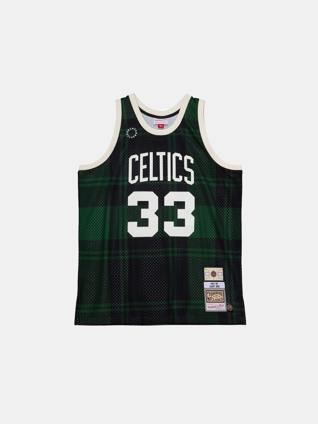 UNINTERRUPTED X Mitchell & Ness Legends Jersey Celtics - front view of the plaid green and black jersey