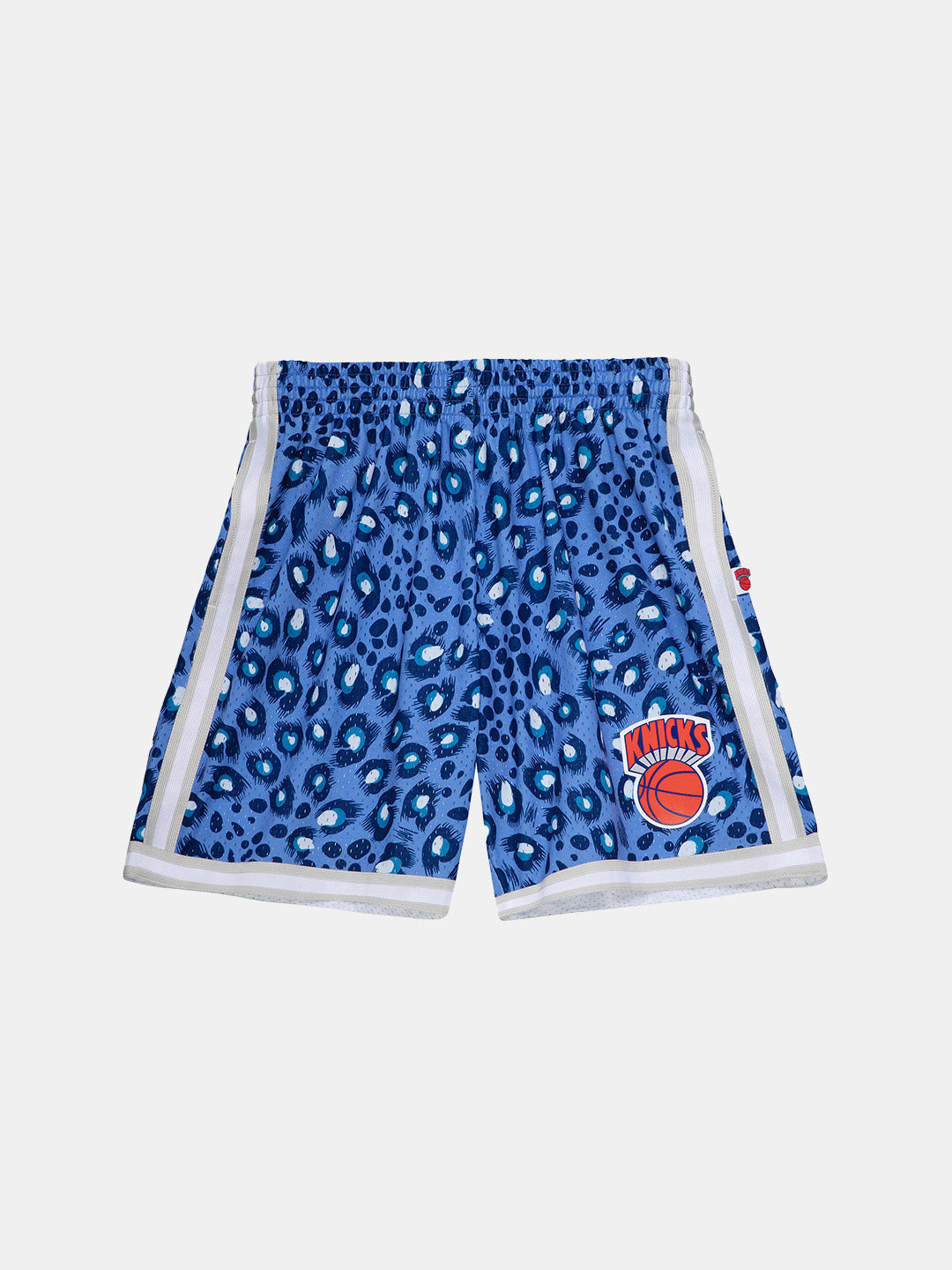UNINTERRUPTED X Mitchell & Ness Legends Shorts Knicks - front view of the shorts with animal print pattern and knicks logo