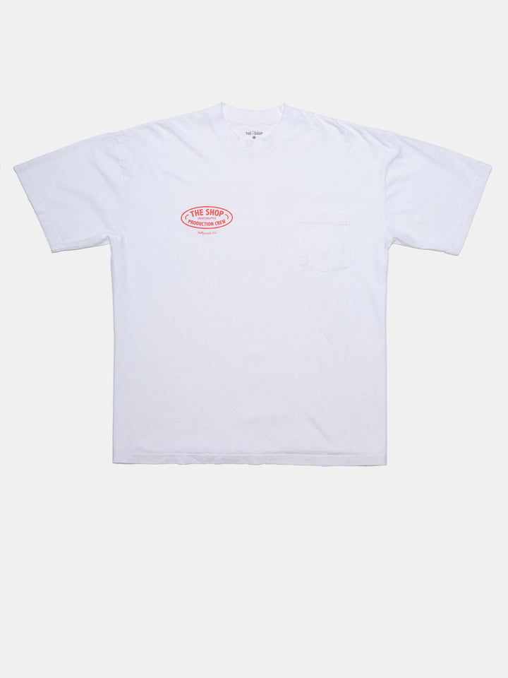 The Shop Production Crew Tshirt in White with Red Writing